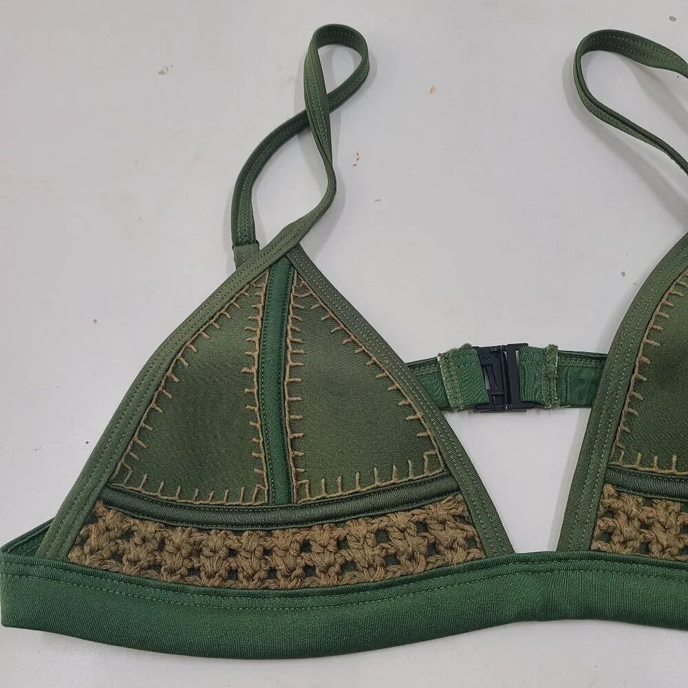 Triangle Gigi Olive Green Crochet Detail Neoprene Bikini Top Size Small